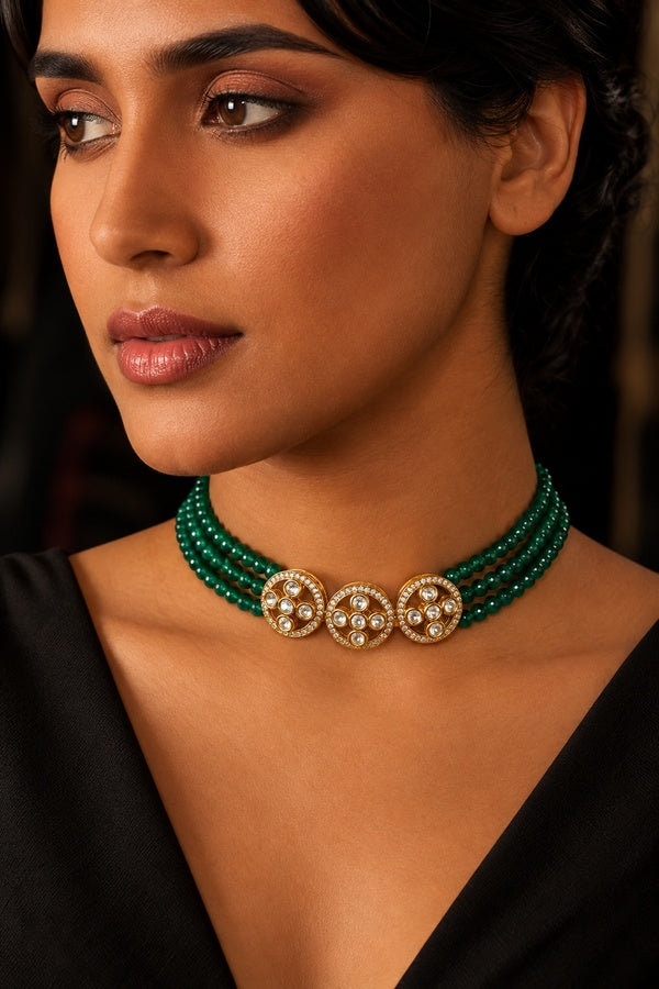 Green Beads Kundan Zirconia Flower Choker Necklace