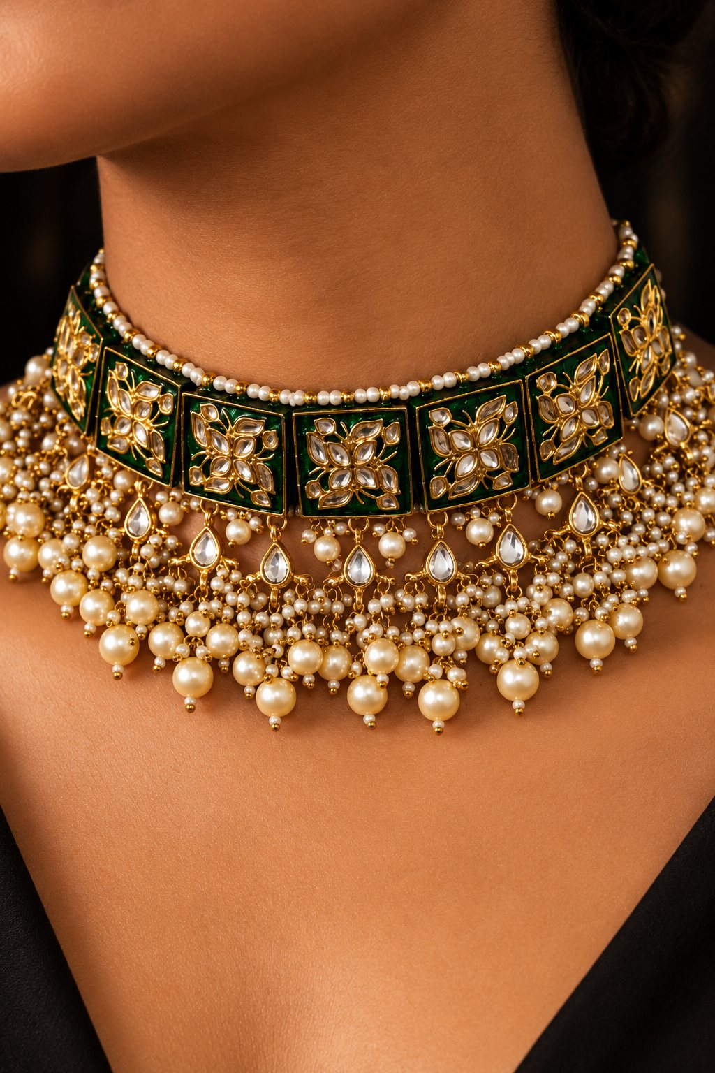 Lotus Tile Green Meenakari Kundan Choker