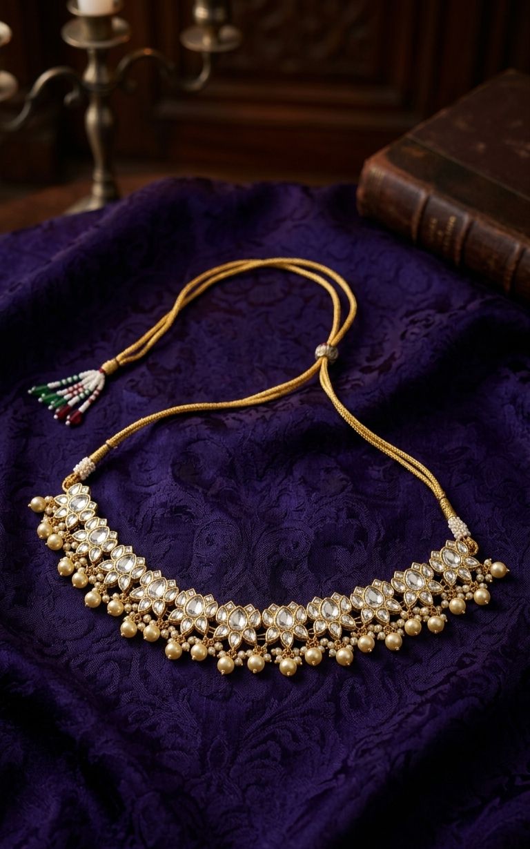 Gold & White Kundan Pearl Drop Necklace