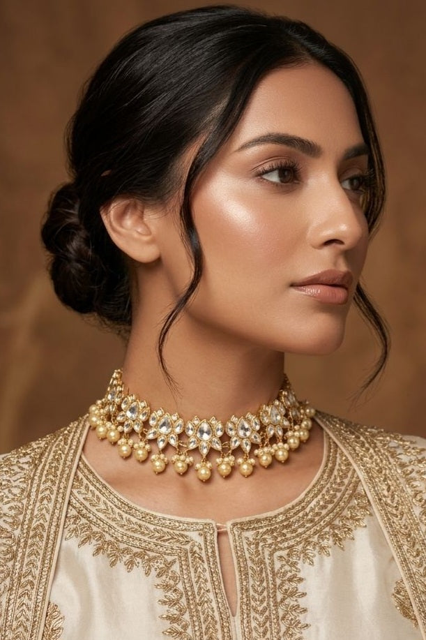 Gold & White Kundan Pearl Drop Necklace