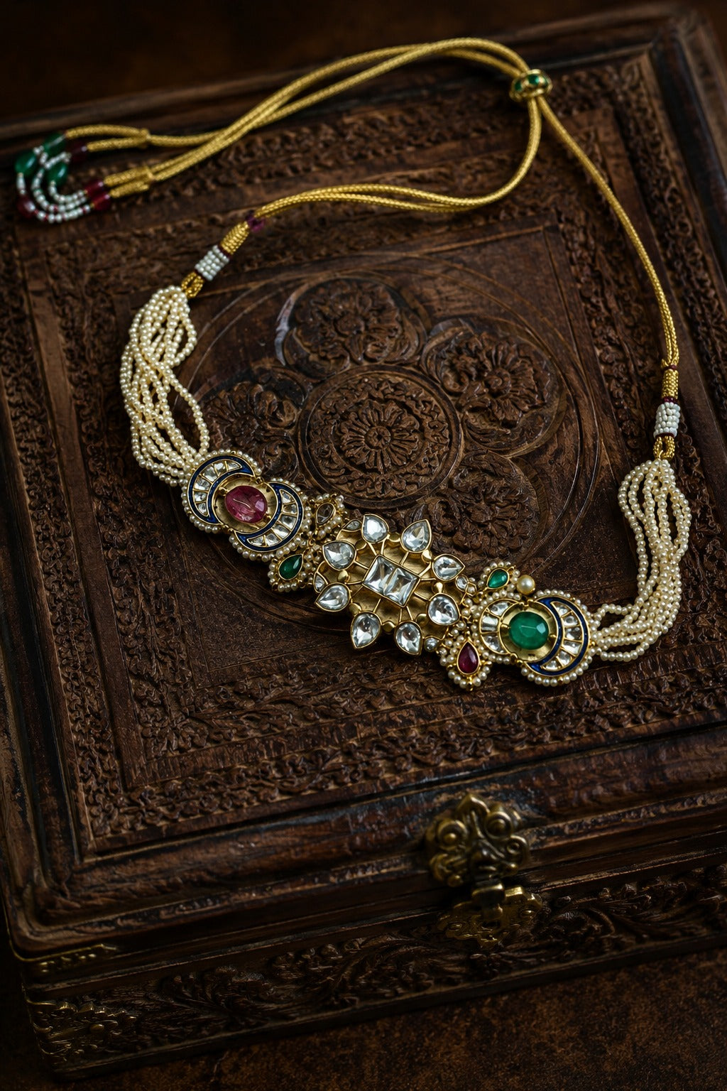 Red & Green Kundan Blue Meena Chand Tourmaline Stone Choker Necklace