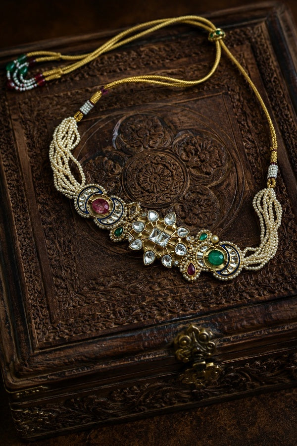 Red & Green Kundan Blue Meena Chand Tourmaline Stone Choker Necklace