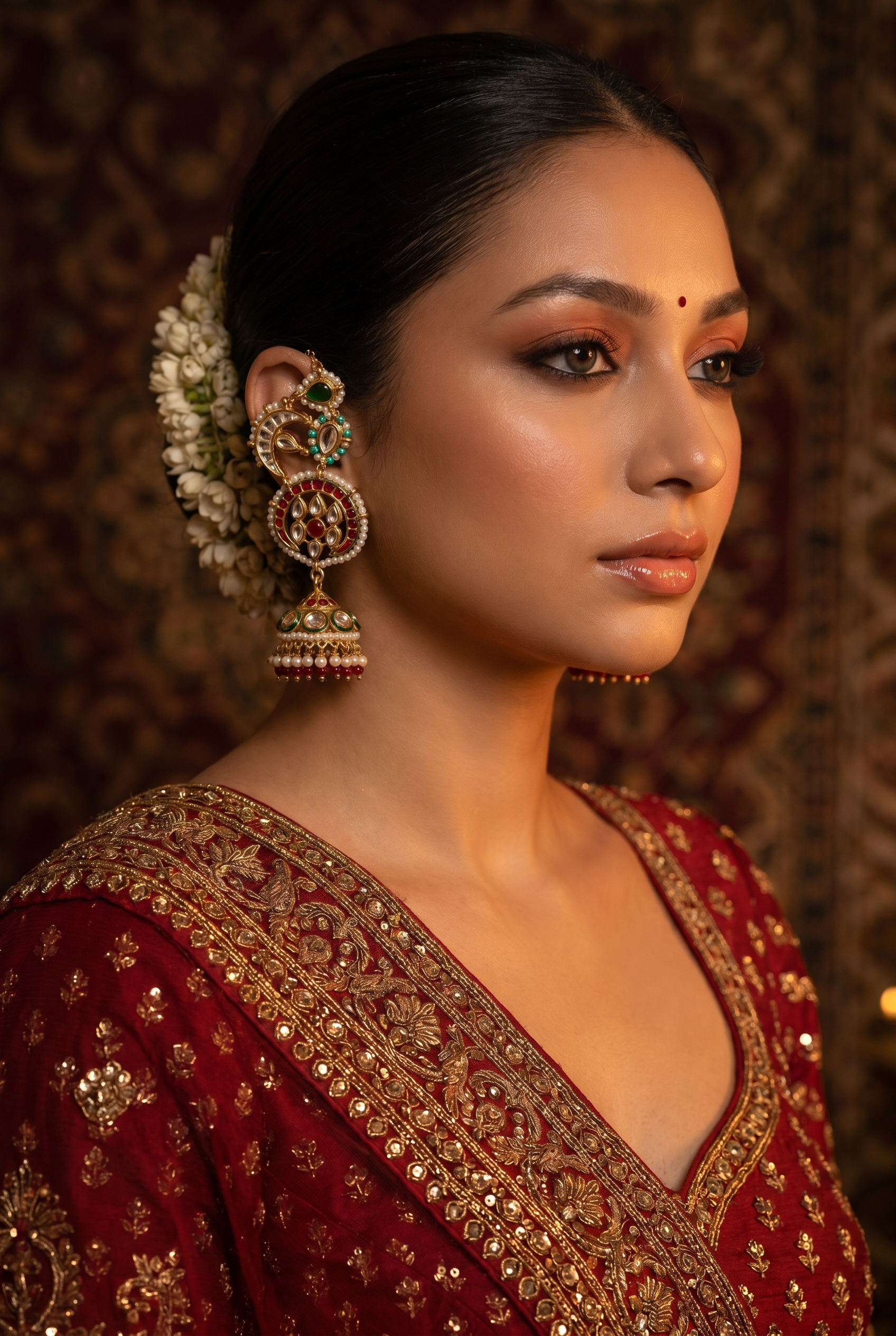 Red Green Kundan Feroza & White Pearls Jhumki Earrings