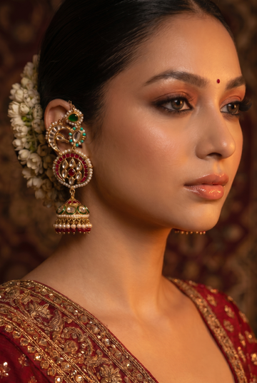 Red Green Kundan Feroza & White Pearls Jhumki Earrings