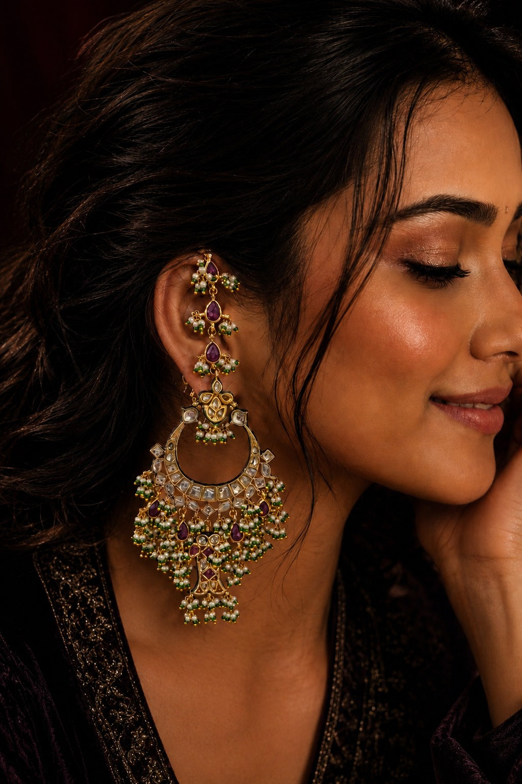 Gold Finish Red Fish Kundan Pearl Chandbali Earrings