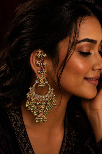 Gold Finish Red Fish Kundan Pearl Chandbali Earrings