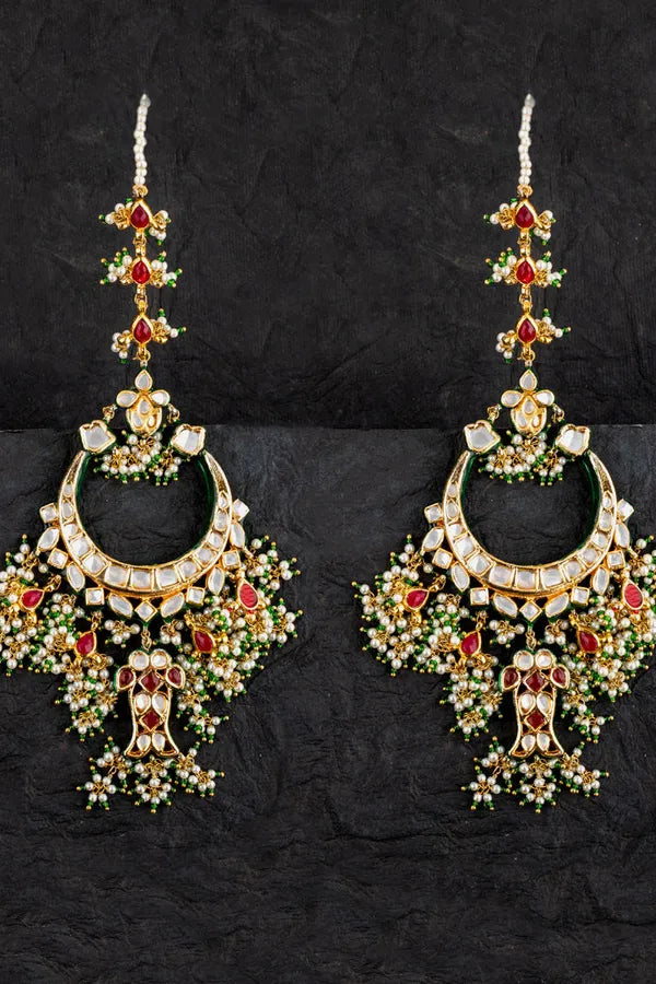 Gold Finish Red Fish Kundan Pearl Chandbali Earrings