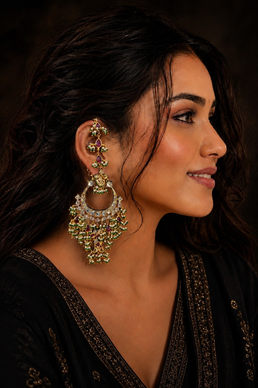 Gold Finish Red Fish Kundan Pearl Chandbali Earrings