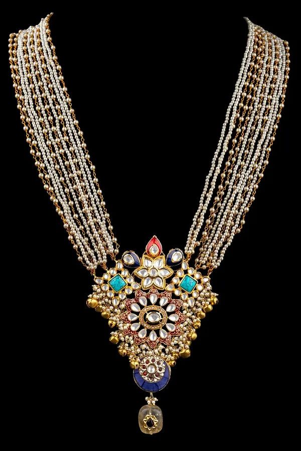 Turquoise with Pearls & Ghungroo Beads Multi String Kundan Necklace