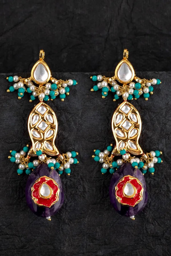 Purple & Blue Fish Kundan Earrings
