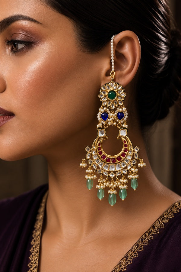 Double Layer White & Red Chandbalis With Barium Stones