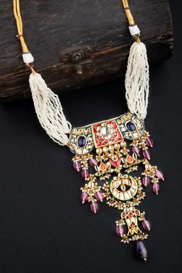 Blue Meenakari with Pearl Strings Kundan Necklace