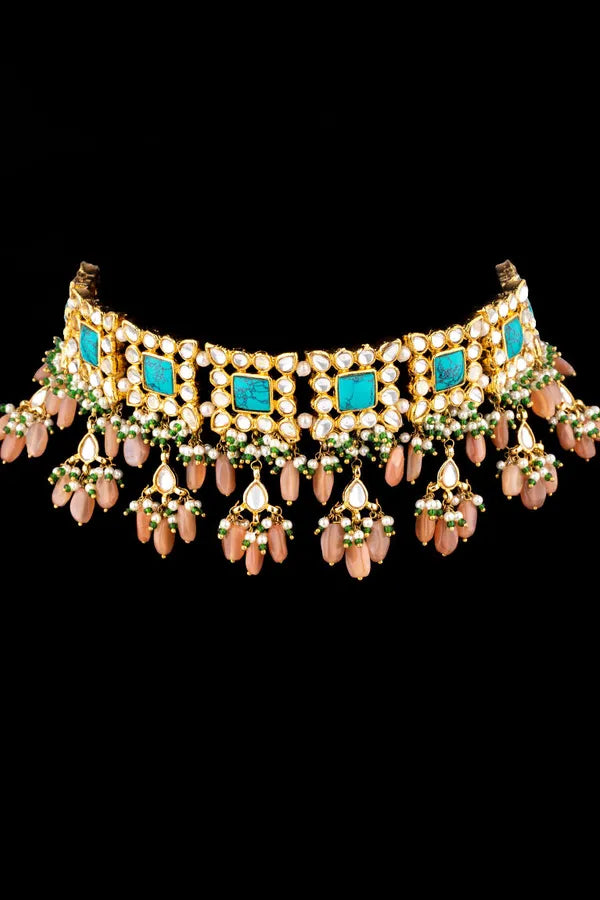 Feroza Choker With Pink Moonstone Drops