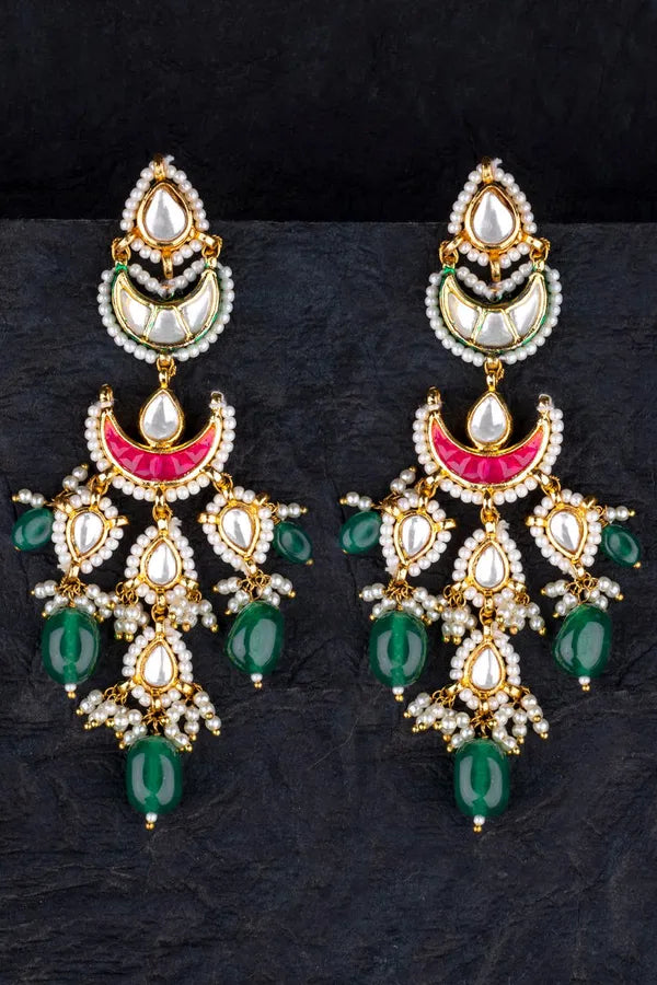 Gold Finish Red Chand Biya Kundan Emerald Dangler Earrings
