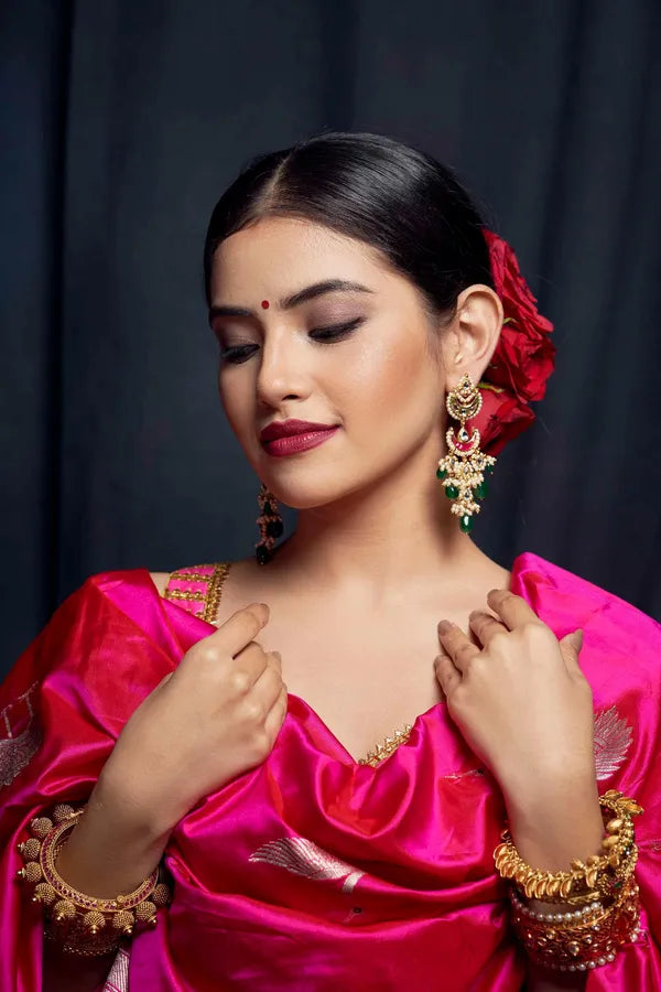 Gold Finish Red Chand Biya Kundan Emerald Dangler Earrings