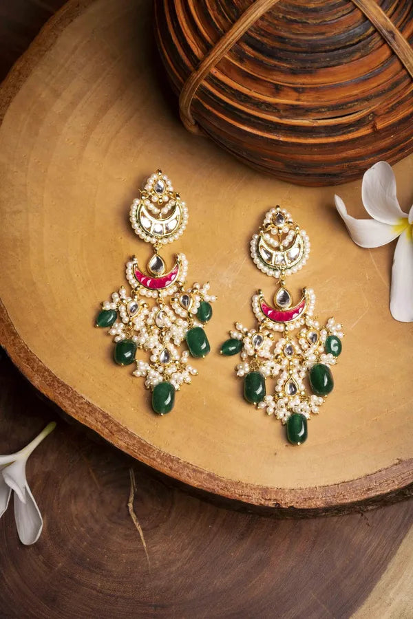 Gold Finish Red Chand Biya Kundan Emerald Dangler Earrings