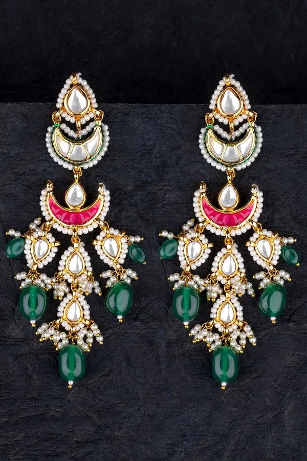 Gold Finish Red Chand Biya Kundan Emerald Dangler Earrings