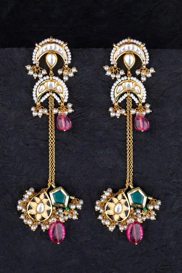 Gold Finish Black Enamel Chand Kundan Earrings