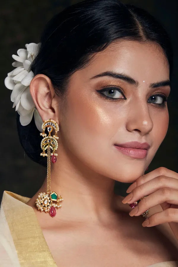 Gold Finish Black Enamel Chand Kundan Earrings