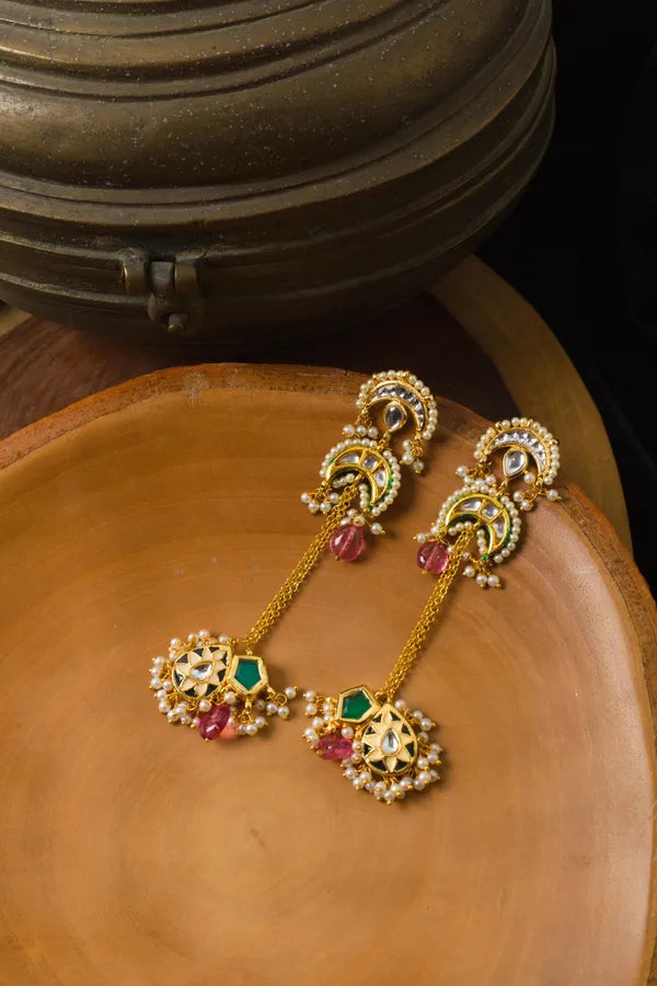 Gold Finish Black Enamel Chand Kundan Earrings