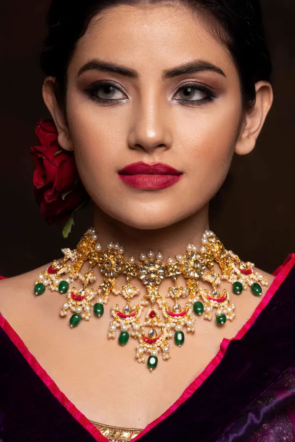 Red Biya With Pearl & Emeralds Kundan Choker