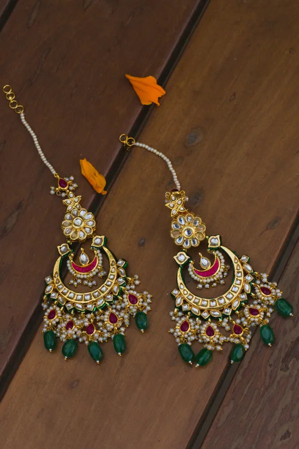 Red Biya With Pearl & Emeralds Kundan Chandbali