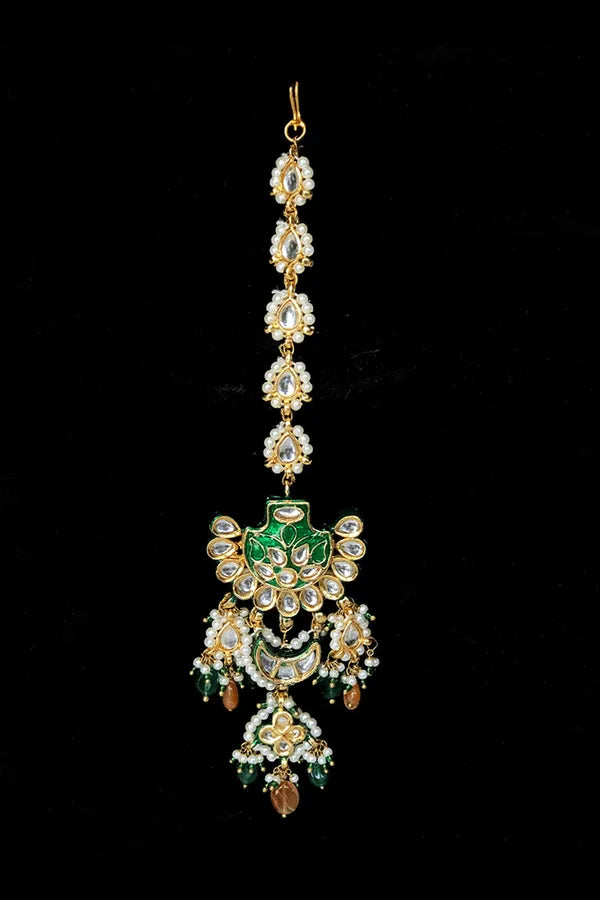 Green Meenakari With Pearl Kundan Maang Tikka
