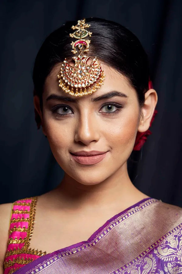Red Meenakari Pearl & Kundan Maang Tikka