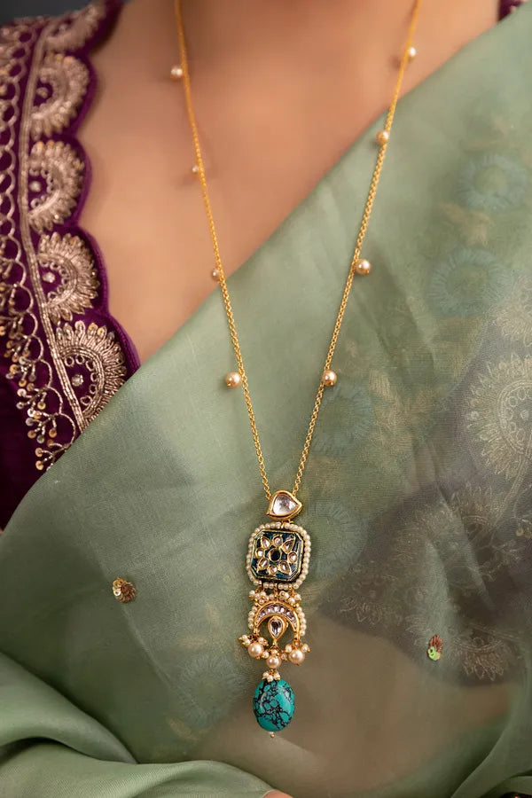 Gold Finish Pearls & Feroza Minimal 32 Inches Long Necklace