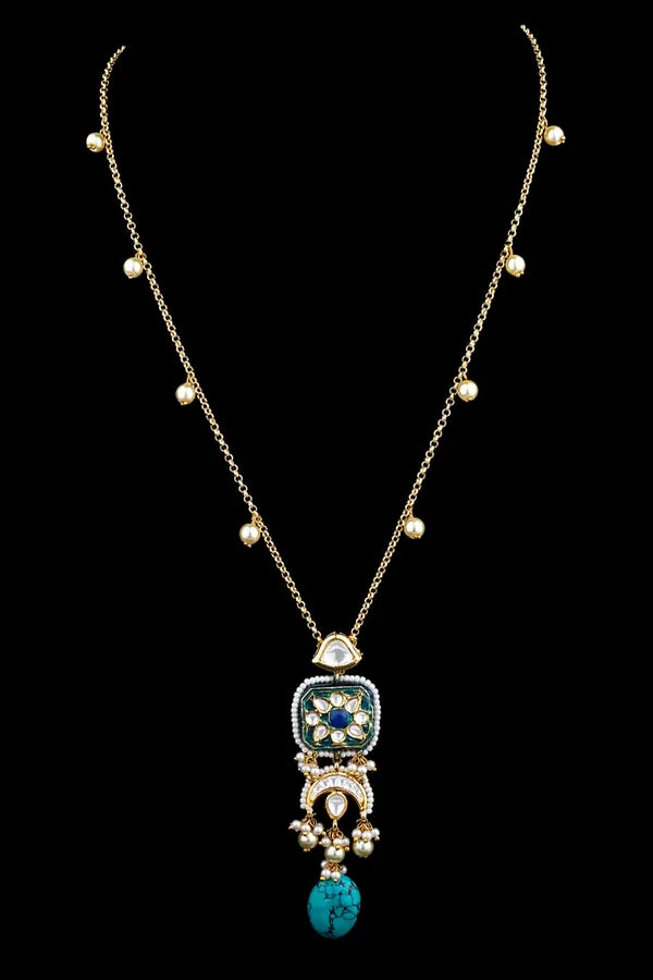 Gold Finish Pearls & Feroza Minimal 32 Inches Long Necklace