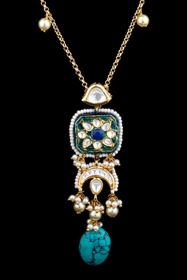 Gold Finish Pearls & Feroza Minimal 32 Inches Long Necklace