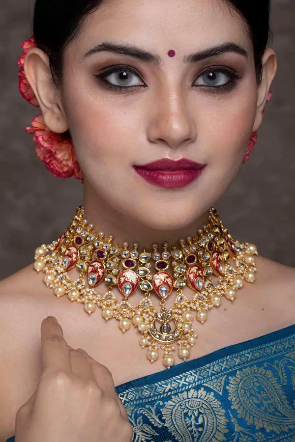 Red Enamel Tukri With Pearls Kundan Enamred Choker