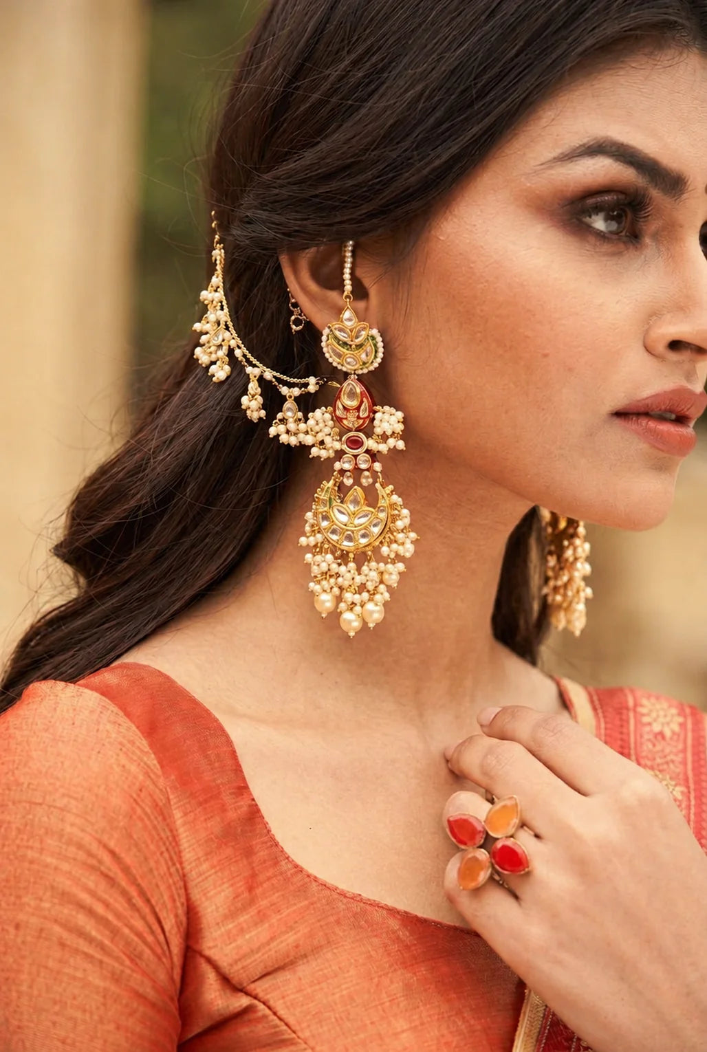 Red Enamel Tukri with Pearls Kundan Meenakari Earrings