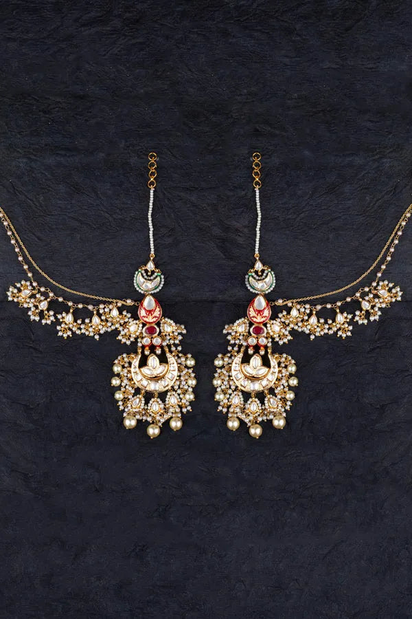 Red Enamel Tukri with Pearls Kundan Meenakari Earrings