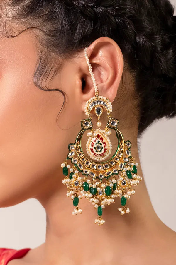 Red Green Meenakari Emeralds Pearls Chandbalis