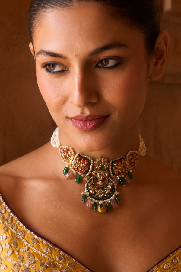 Multi Coloured Tourmaline Yellow Stones Kundan Choker