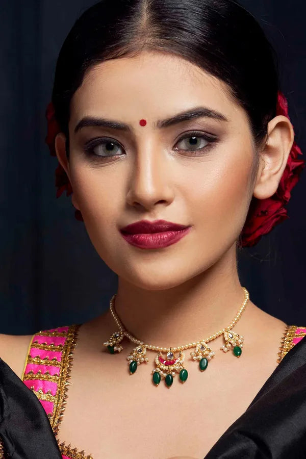 Red Chand Biya Emeralds Pearl Kundan Drop Necklace