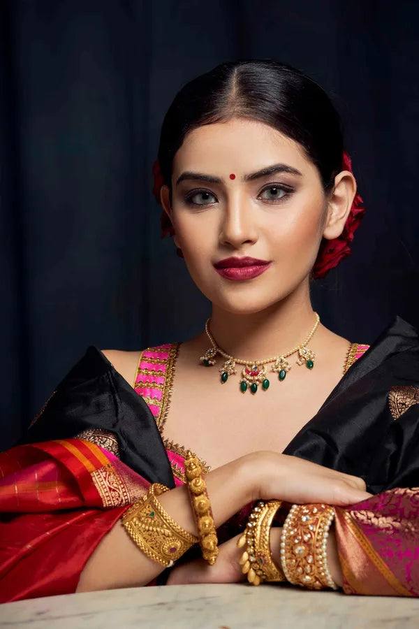 Red Chand Biya Emeralds Pearl Kundan Drop Necklace