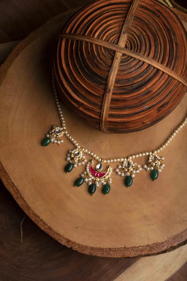 Red Chand Biya Emeralds Pearl Kundan Drop Necklace