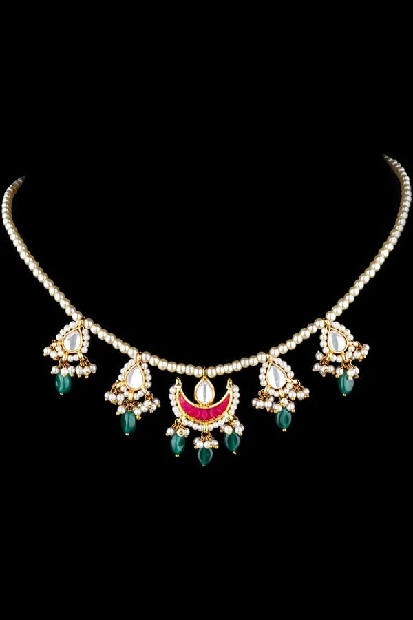 Red Chand Biya Emeralds Pearl Kundan Drop Necklace