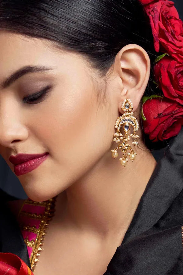 Gold Finish Pearl Chand Kundan Earrings