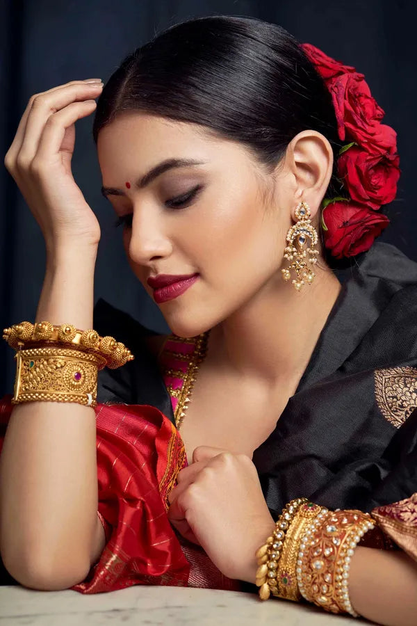 Gold Finish Pearl Chand Kundan Earrings