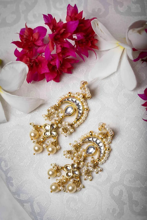 Gold Finish Pearl Chand Kundan Earrings