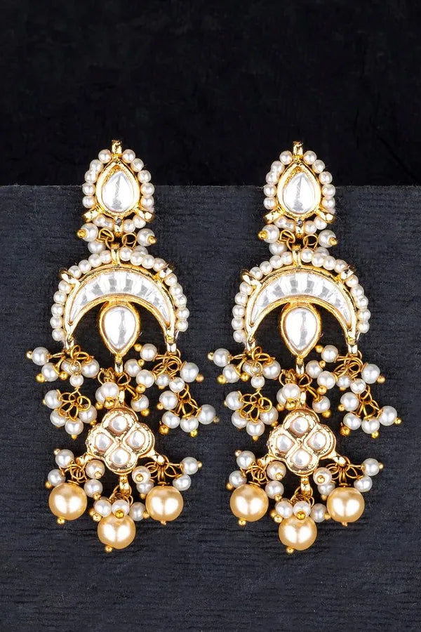 Gold Finish Pearl Chand Kundan Earrings