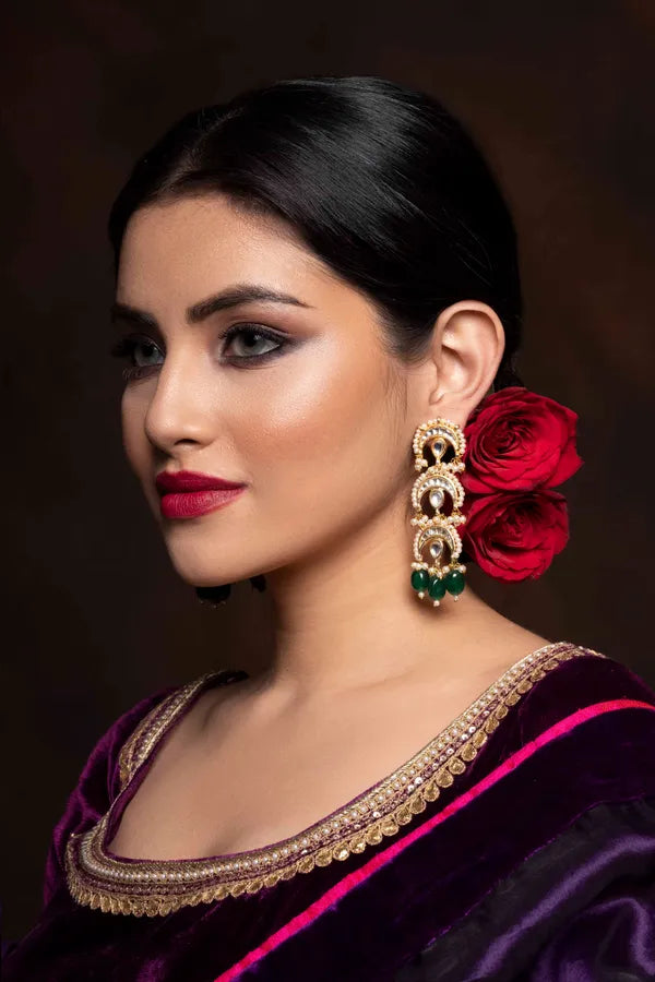 Emeralds Pearls Chand Kundan Earrings