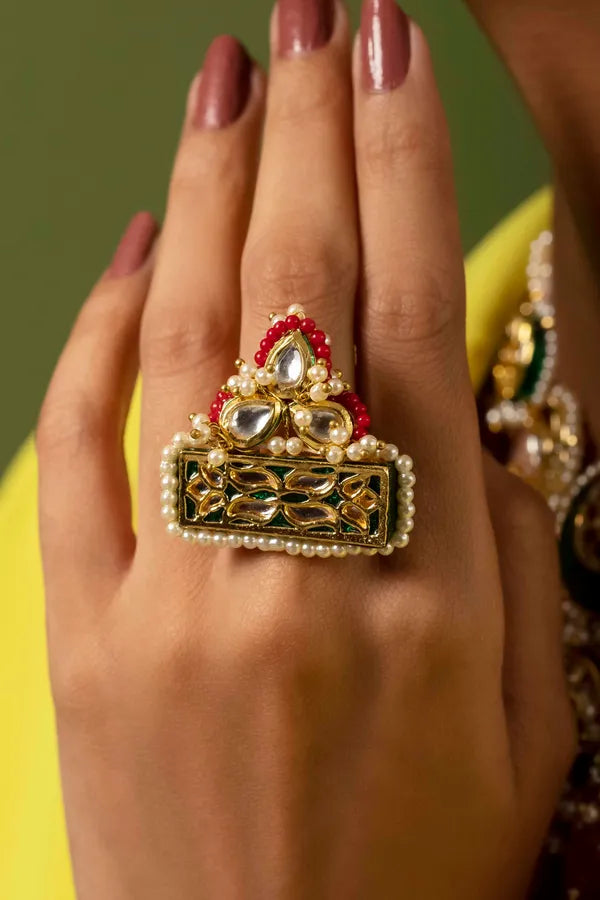Red & Green Kundan Ring