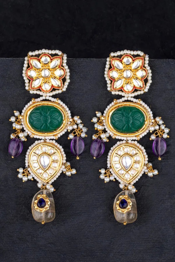 Emeralds Amethyst with Yellow Citrine Drops Kundan Earrings