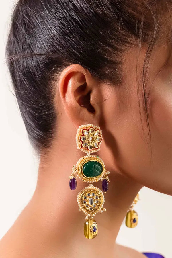 Emeralds Amethyst with Yellow Citrine Drops Kundan Earrings
