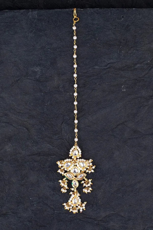 Gold Finish Pearl Kundan String Maang Tikka
