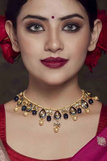 Blue Meenakari Pearl Drop Kundan Necklace